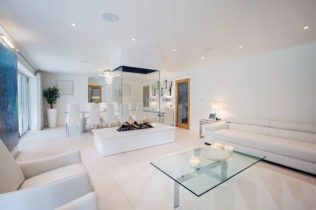 White living room with glass type fireplace